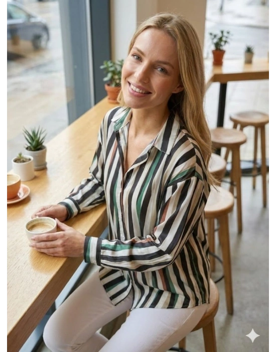 Kadın Uzun Kollu Dalgalı Desen Baskılı Gömlek