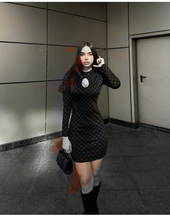 Kadın Uzun Kollu Damla Detay Flok Baskı Dalgıç Mini Elbise