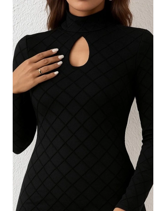 Kadın Uzun Kollu Damla Detay Flok Baskı Dalgıç Mini Elbise