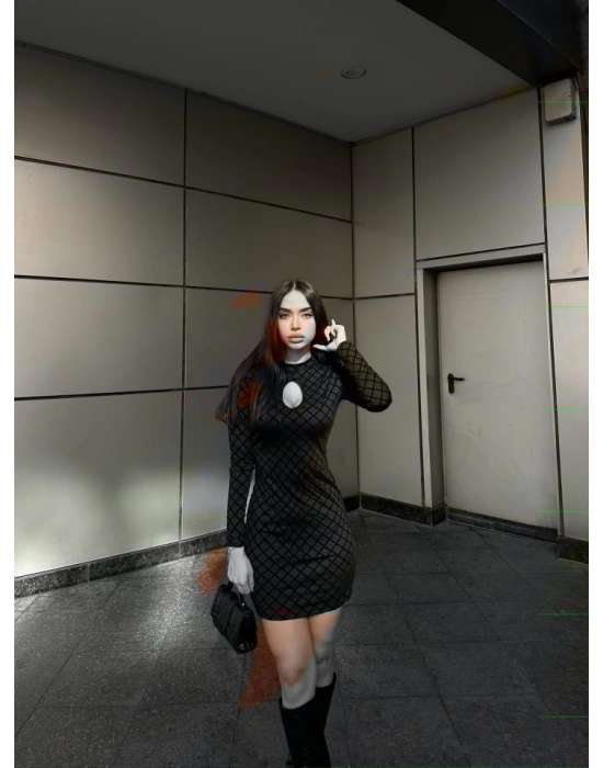 Kadın Uzun Kollu Damla Detay Flok Baskı Dalgıç Mini Elbise