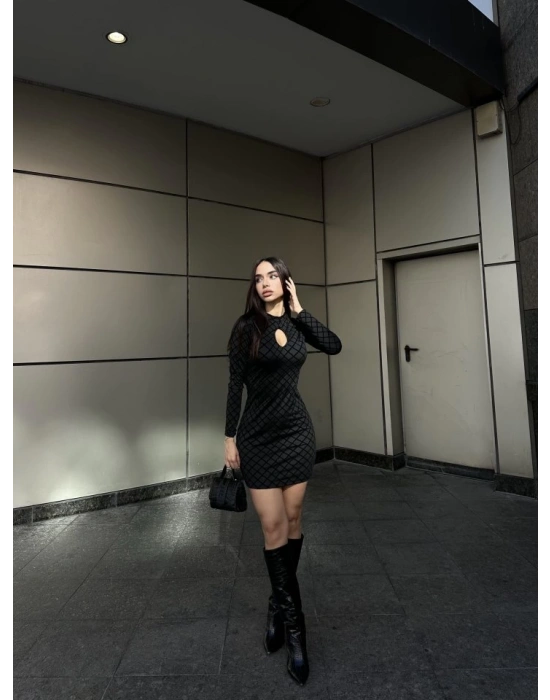 Kadın Uzun Kollu Damla Detay Flok Baskı Dalgıç Mini Elbise