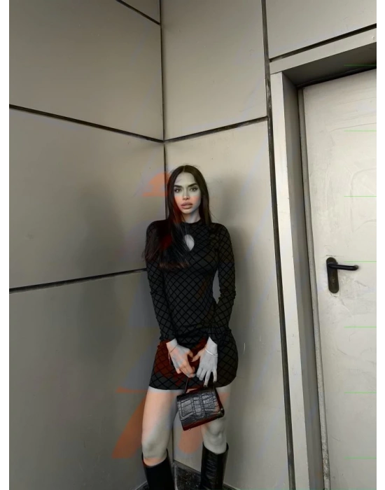 Kadın Uzun Kollu Damla Detay Flok Baskı Dalgıç Mini Elbise