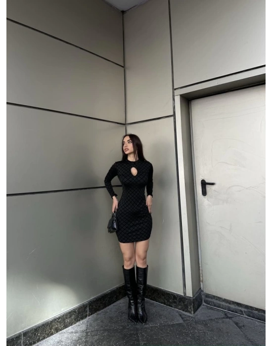 Kadın Uzun Kollu Damla Detay Flok Baskı Dalgıç Mini Elbise