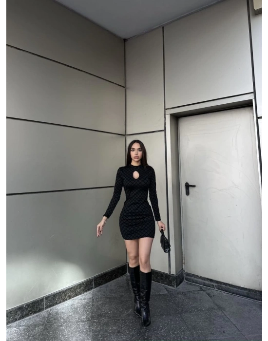 Kadın Uzun Kollu Damla Detay Flok Baskı Dalgıç Mini Elbise