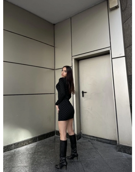 Kadın Uzun Kollu Damla Detay Flok Baskı Dalgıç Mini Elbise