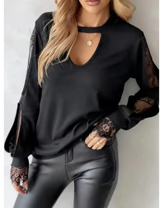 Kadın Uzun Kollu Damla Detaylı Viskon Iki Iplik Bluz