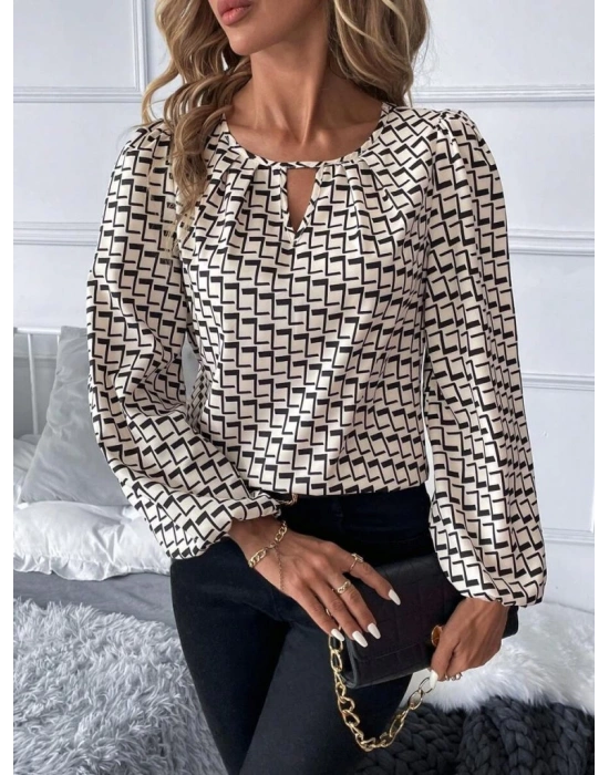 Kadın Uzun Kollu Damla Detaylı Yaka Desenli Süprem Bluz