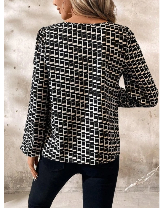 Kadın Uzun Kollu Damla Detaylı Yaka Desenli Süprem Bluz