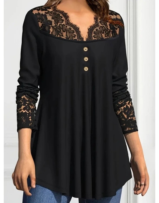 Kadın Uzun Kollu Dantel Detaylı Düğmeli Viskon Bluz