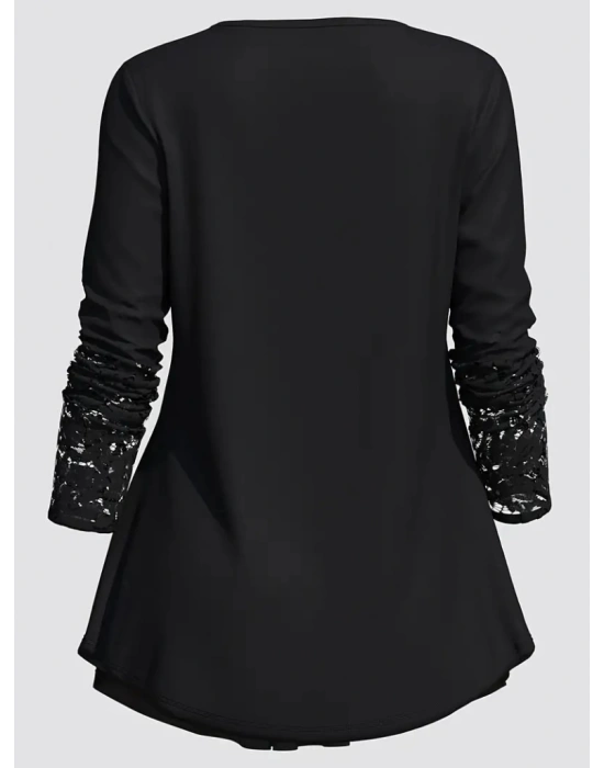 Kadın Uzun Kollu Dantel Detaylı Düğmeli Viskon Bluz