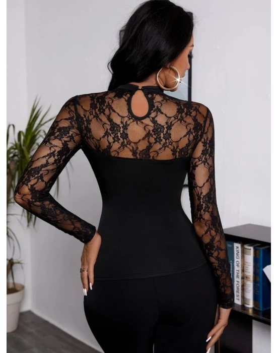 Kadın Uzun Kollu Dantel Detaylı Viskon Bluz