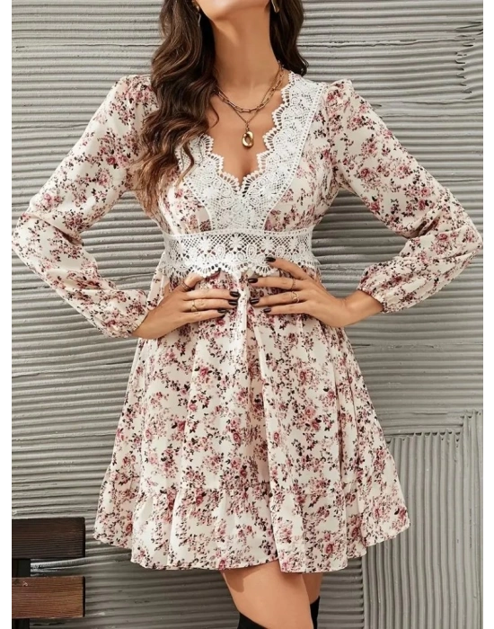 Kadın Uzun Kollu Dantel V Yakalı Mini Desenli Süprem Elbise