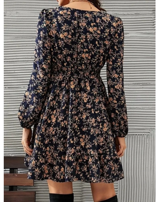 Kadın Uzun Kollu Dantel V Yakalı Mini Desenli Süprem Elbise