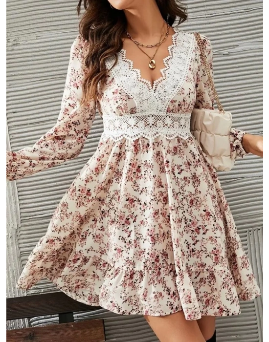 Kadın Uzun Kollu Dantel V Yakalı Mini Desenli Süprem Elbise