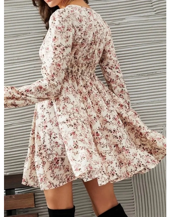 Kadın Uzun Kollu Dantel V Yakalı Mini Desenli Süprem Elbise