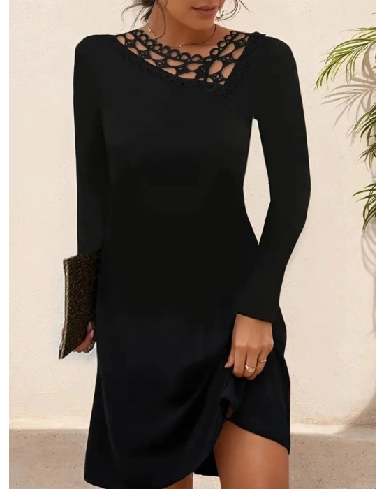 Kadın Uzun Kollu Dantel Yaka Ithal Krep Mini Elbise