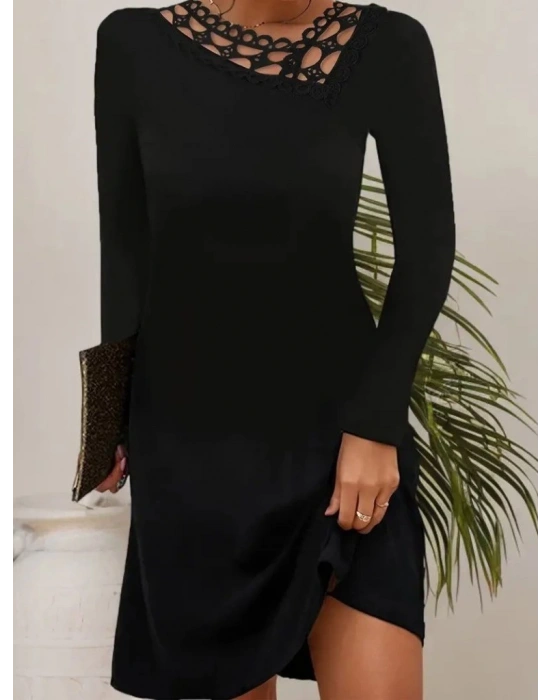 Kadın Uzun Kollu Dantel Yaka Ithal Krep Mini Elbise