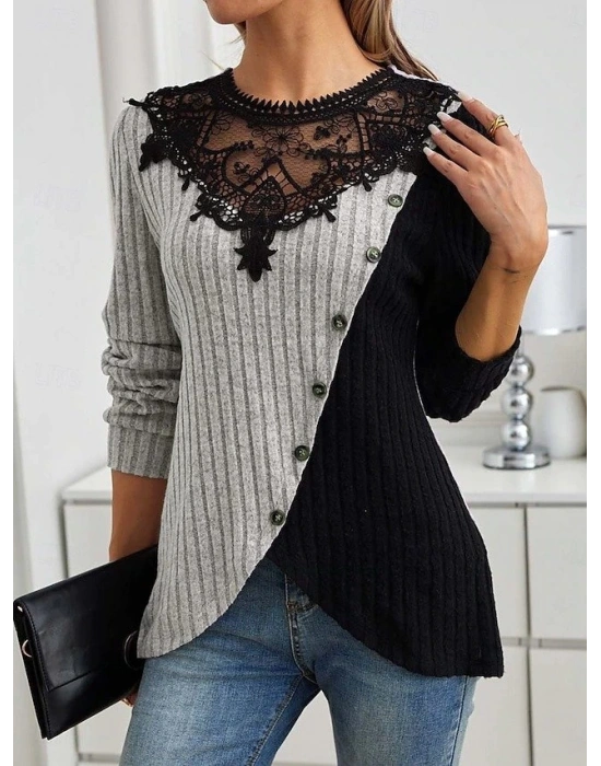 Kadın Uzun Kollu Dantel Yaka Yandan Düğmeli şardonlu Kaşkorse Bluz