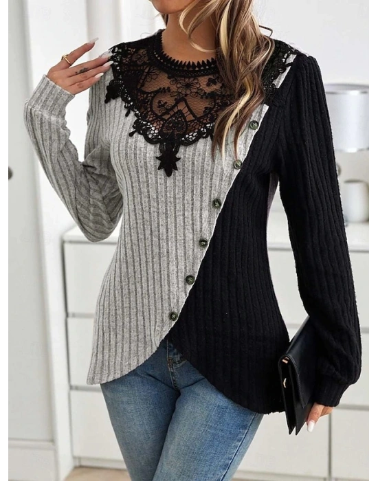 Kadın Uzun Kollu Dantel Yaka Yandan Düğmeli şardonlu Kaşkorse Bluz