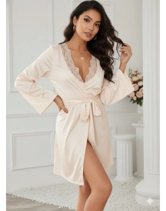 Kadın Uzun Kollu Dantel Yakalı Belden Kuşaklı Viskon Gecelik