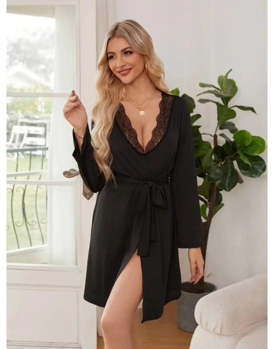 Kadın Uzun Kollu Dantel Yakalı Belden Kuşaklı Viskon Gecelik