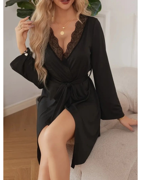 Kadın Uzun Kollu Dantel Yakalı Belden Kuşaklı Viskon Gecelik