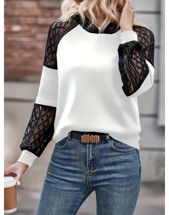 Kadın Uzun Kollu Dantelli Kapşonlu Viskon Iki Iplik Bluz