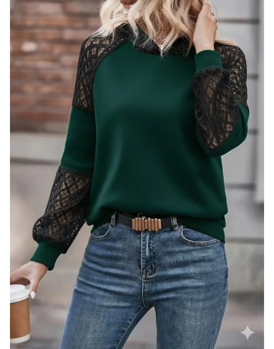 Kadın Uzun Kollu Dantelli Kapşonlu Viskon Iki Iplik Bluz