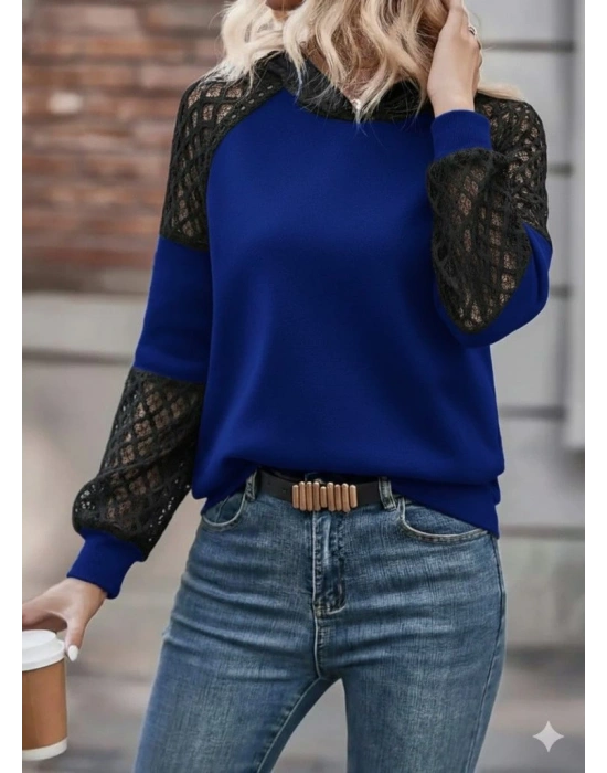 Kadın Uzun Kollu Dantelli Kapşonlu Viskon Iki Iplik Bluz