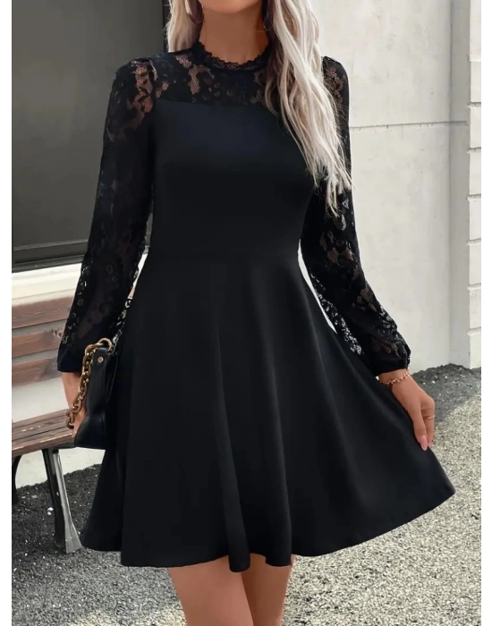 Kadın Uzun Kollu Dantelli Kloş Mini Ithal Krep Elbise