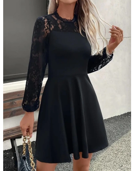 Kadın Uzun Kollu Dantelli Kloş Mini Ithal Krep Elbise