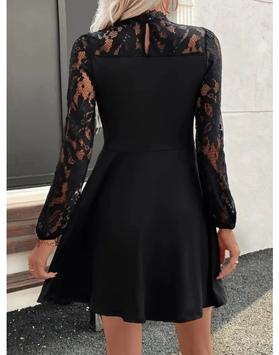 Kadın Uzun Kollu Dantelli Kloş Mini Ithal Krep Elbise