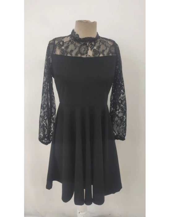 Kadın Uzun Kollu Dantelli Kloş Mini Ithal Krep Elbise