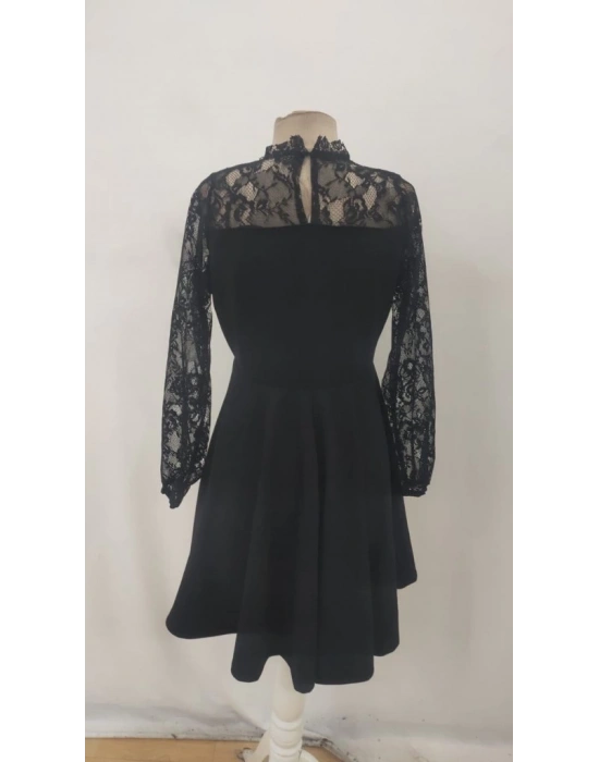 Kadın Uzun Kollu Dantelli Kloş Mini Ithal Krep Elbise