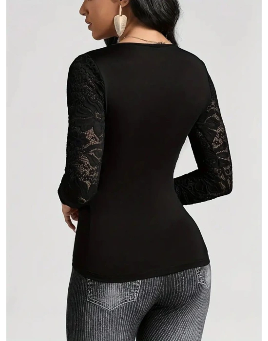 Kadın Uzun Kollu Dantelli Kruvaze Yakalı Yandan Büzgülü Viskon Bluz