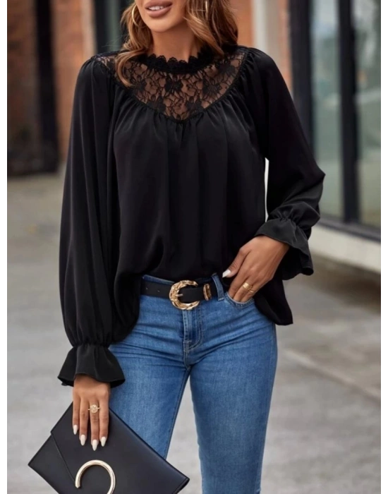Kadın Uzun Kollu Dantelli Salaş Sandy Bluz