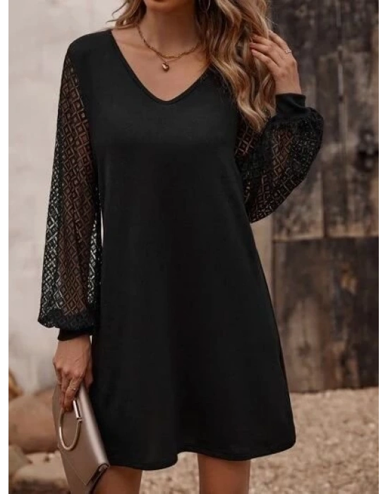 Kadın Uzun Kollu Dantelli V Yakalı Kısa Ithal Krep Elbise