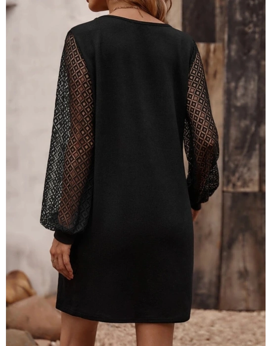 Kadın Uzun Kollu Dantelli V Yakalı Kısa Ithal Krep Elbise