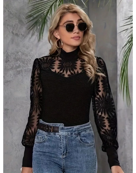 Kadın Uzun Kollu Dantelli Yarı Balıkçı Yaka Viskon Bluz