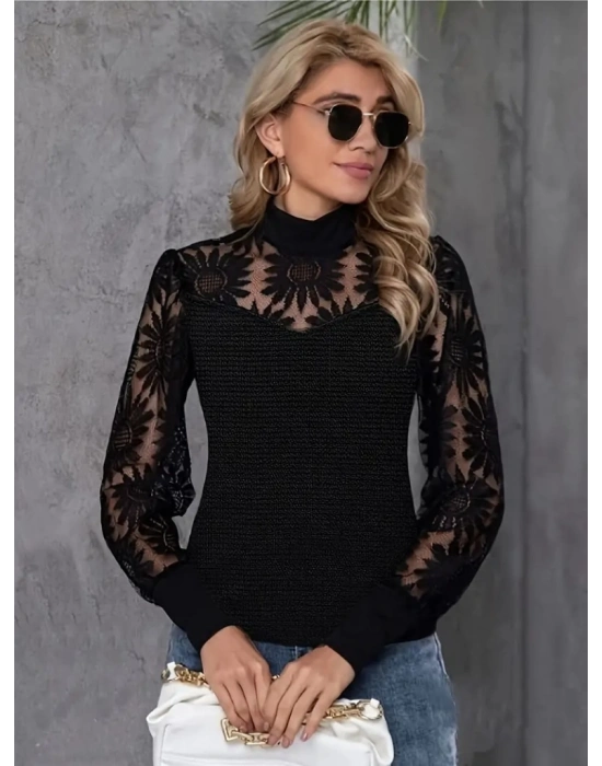 Kadın Uzun Kollu Dantelli Yarı Balıkçı Yaka Viskon Bluz