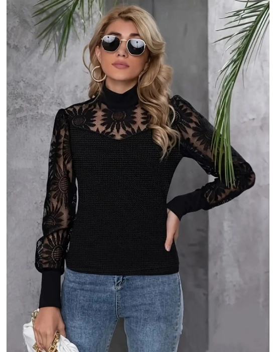 Kadın Uzun Kollu Dantelli Yarı Balıkçı Yaka Viskon Bluz