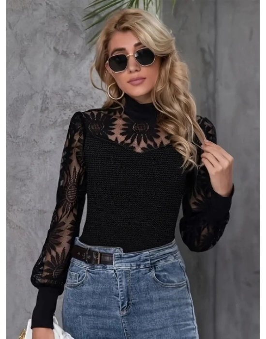 Kadın Uzun Kollu Dantelli Yarı Balıkçı Yaka Viskon Bluz