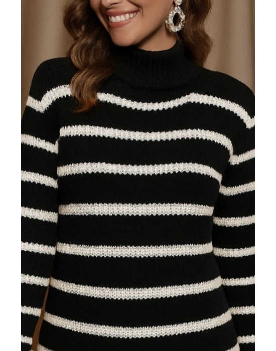 Kadın Uzun Kollu Degaje Yaka çizgili Sonya Iplik Mini Boy Triko Elbise (kemersiz)