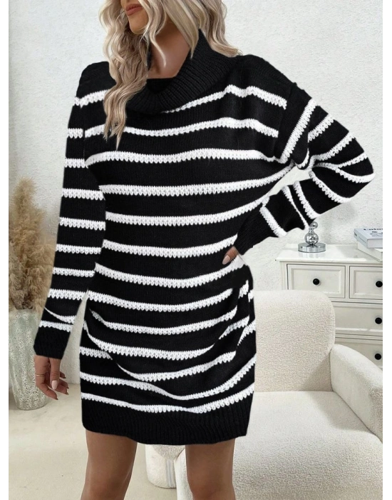 Kadın Uzun Kollu Degaje Yaka çizgili Sonya Iplik Mini Boy Triko Elbise (kemersiz)