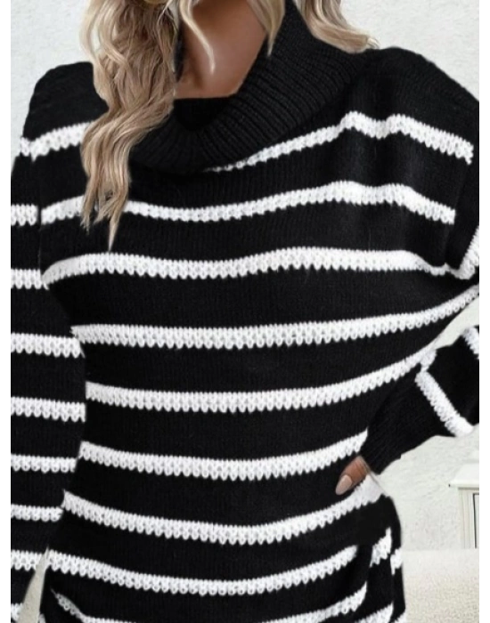 Kadın Uzun Kollu Degaje Yaka çizgili Sonya Iplik Mini Boy Triko Elbise (kemersiz)