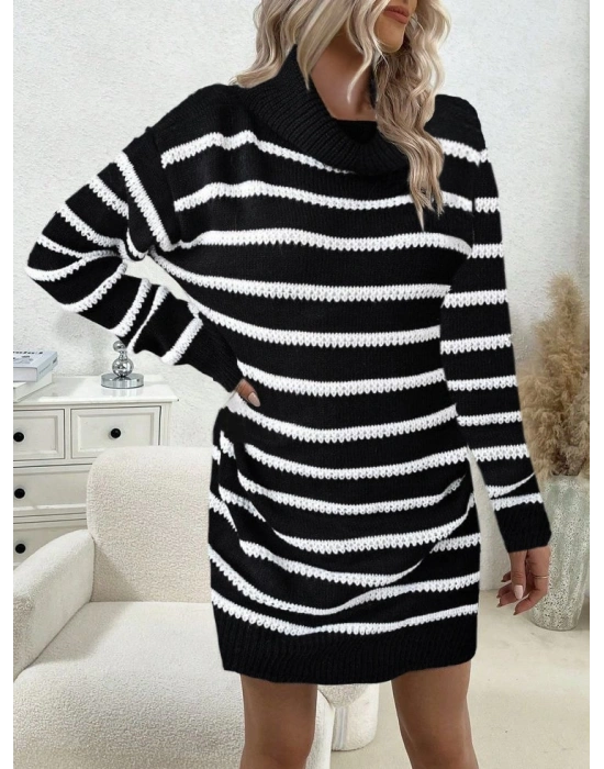 Kadın Uzun Kollu Degaje Yaka çizgili Sonya Iplik Mini Boy Triko Elbise (kemersiz)