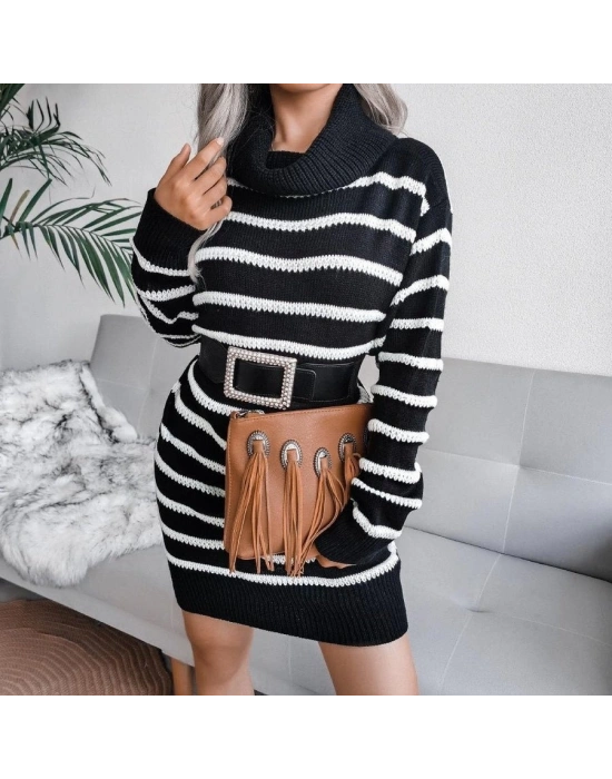 Kadın Uzun Kollu Degaje Yaka çizgili Sonya Iplik Mini Boy Triko Elbise (kemersiz)