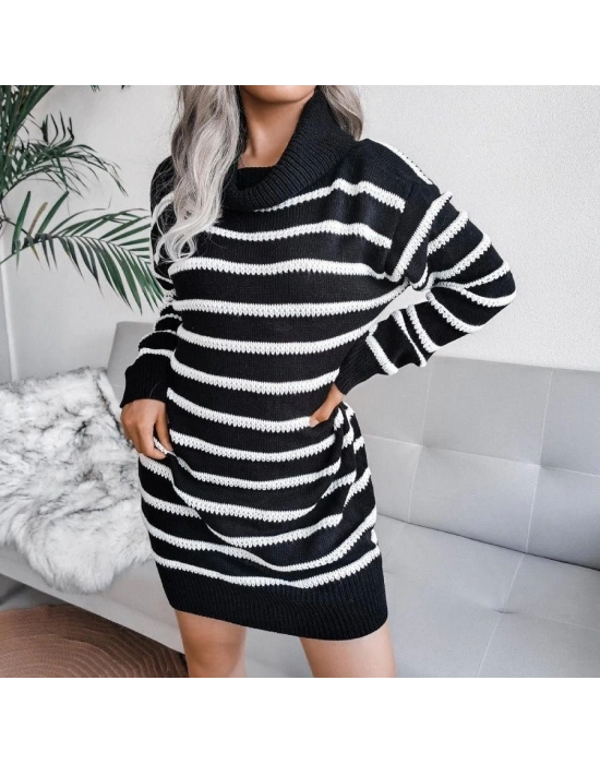 Kadın Uzun Kollu Degaje Yaka çizgili Sonya Iplik Mini Boy Triko Elbise (kemersiz)