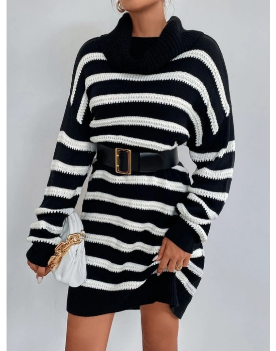 Kadın Uzun Kollu Degaje Yaka çizgili Sonya Iplik Mini Boy Triko Elbise (kemersiz)