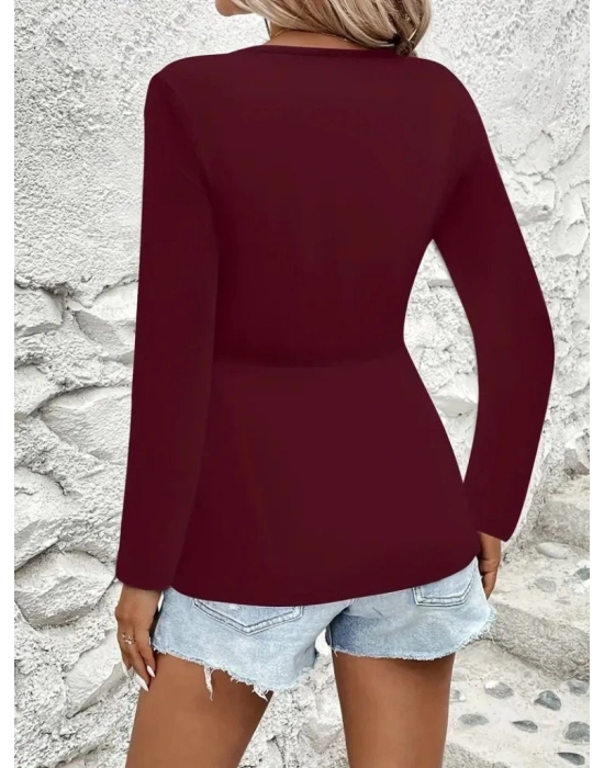 Kadın Uzun Kollu Dekolteli Sarmal Detaylı Viskon Bluz